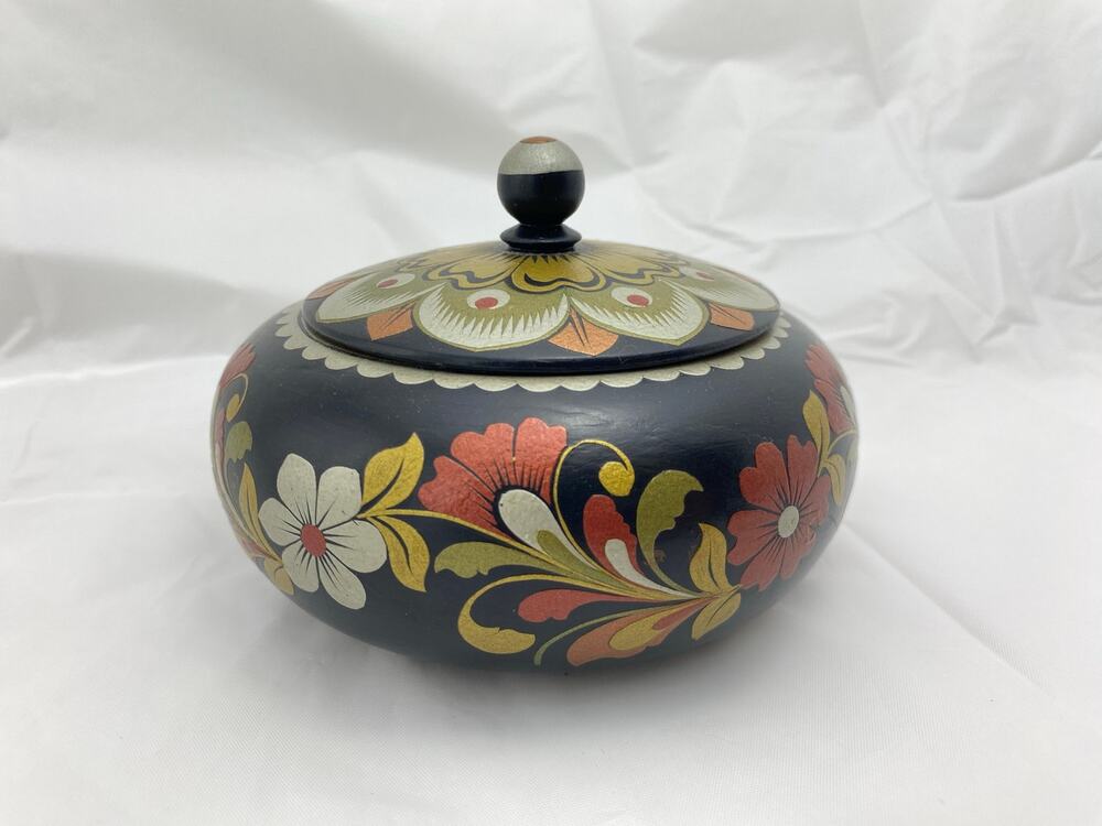 Vintage Hand Painted Khokhloma Russian Wooden Lidded Trinket Box Folk Art Floral